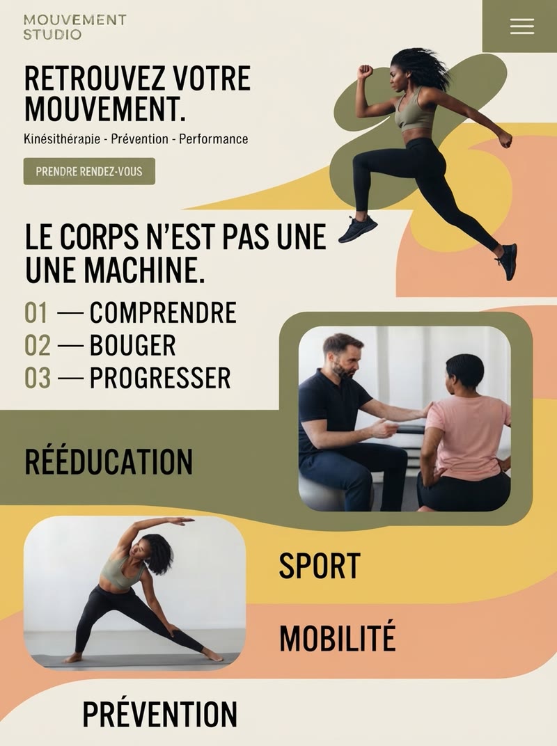 Page d'accueil de Mouvement Studio, cabinet de kinésithérapie